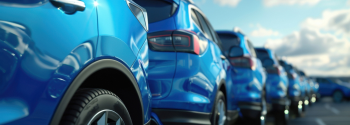 A lineup of blue cars parked outdoors under a slightly cloudy sky.